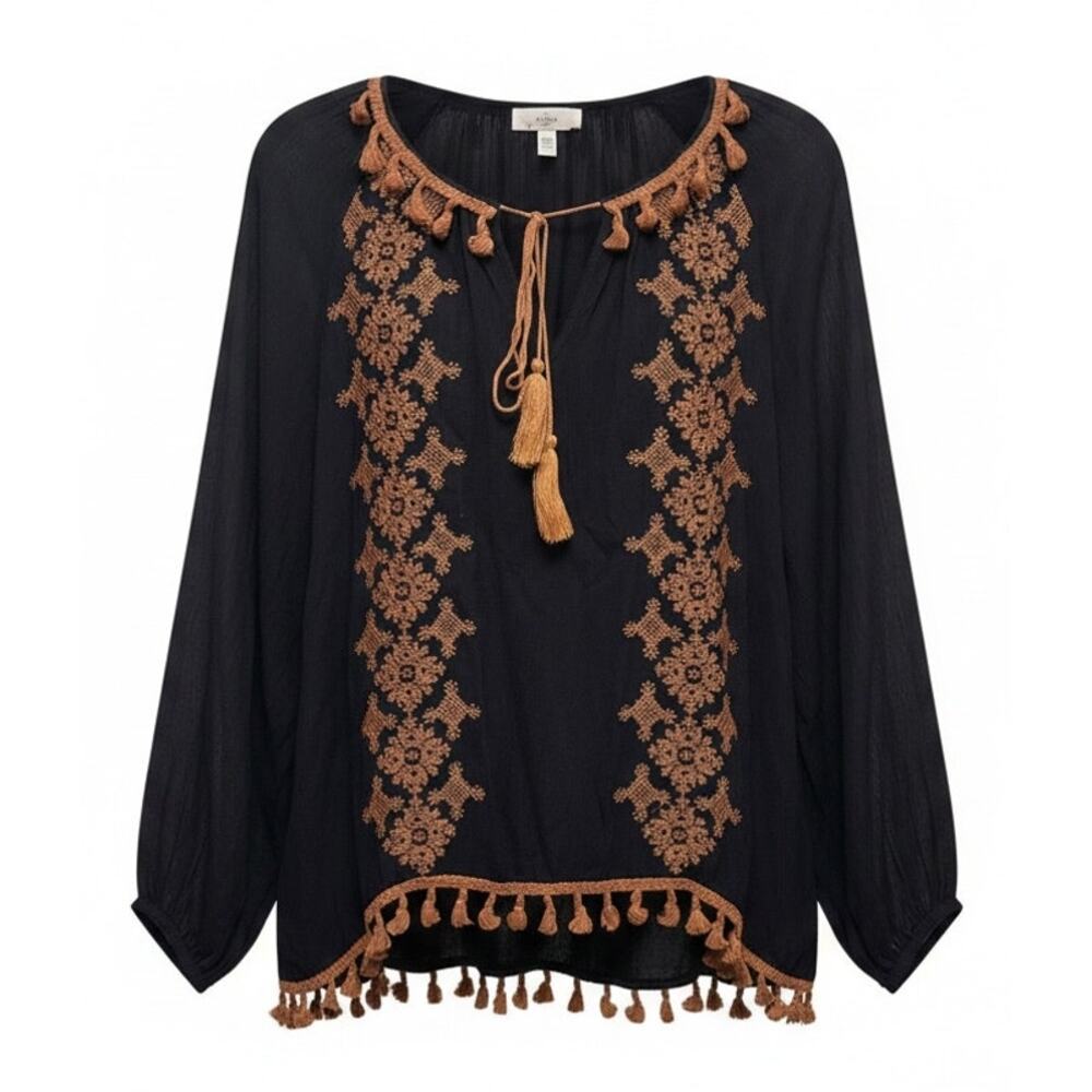 Boho Indi Black Sheer blouse Embroidered Sz L NEW Flutter Sleeves Whimsy Peasant